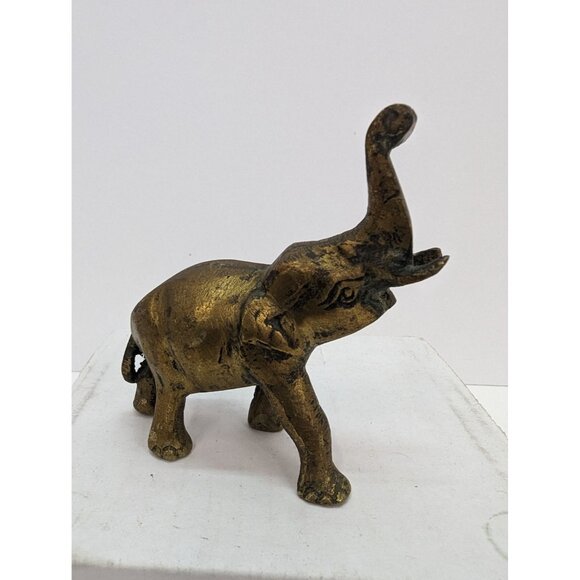 Brass Elephant Trunk Up with Tusks 3 Inch Tall 3 Inch Long Made in India - Picture 1 of 7